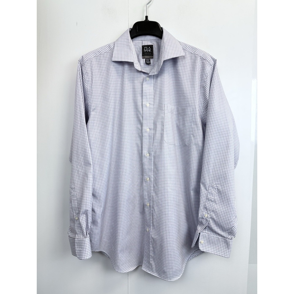 Jos A Bank Shirt Mens XL 16.5-35 Blue Plaid Travel Tech Tailored Fit Long Sleeve